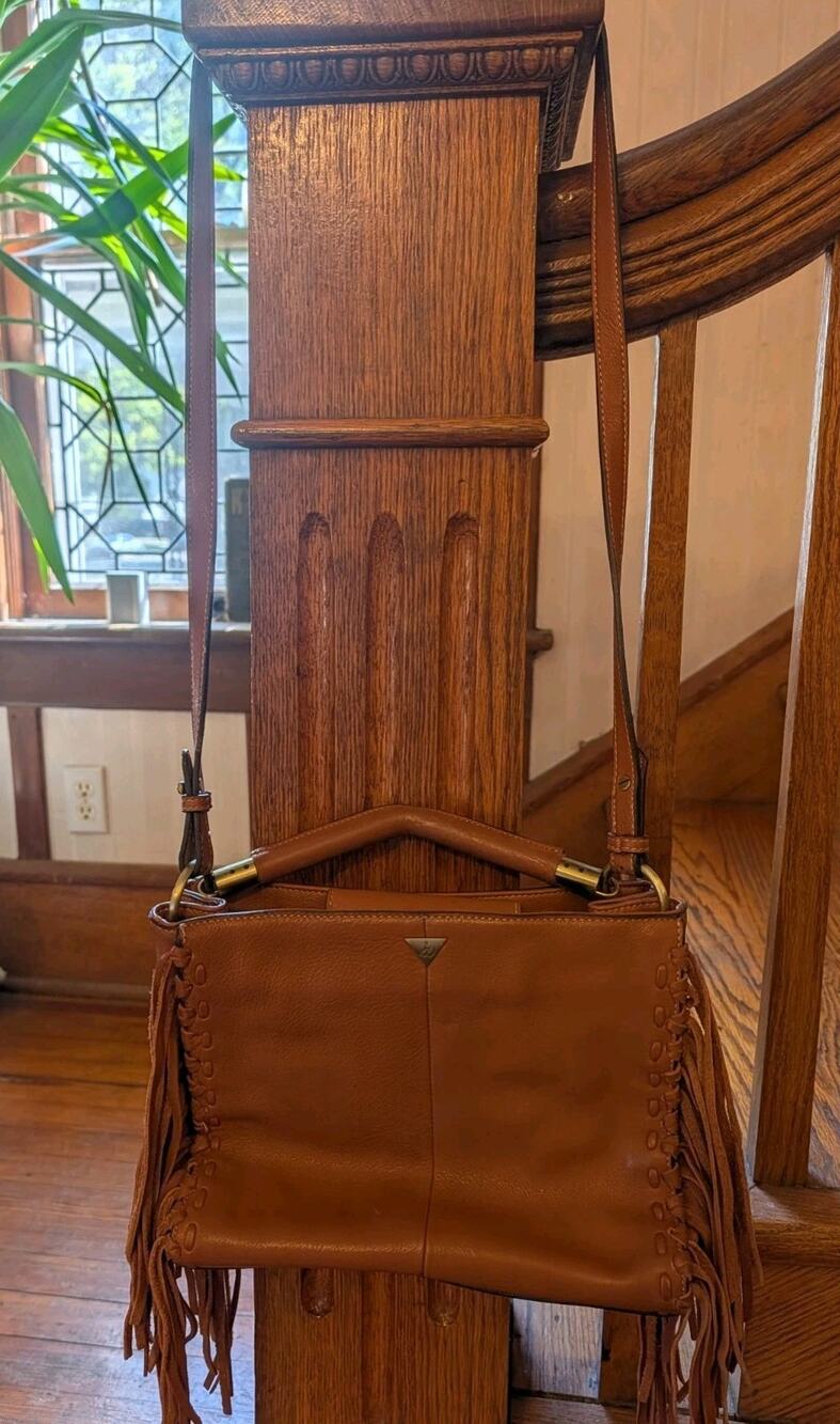 Sam Edelman Brown Leather Crossbody Frindge Shoulder Bag Beige